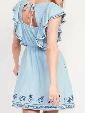 Old Navy Light Blue Embroidered Ruffle Mini Dress